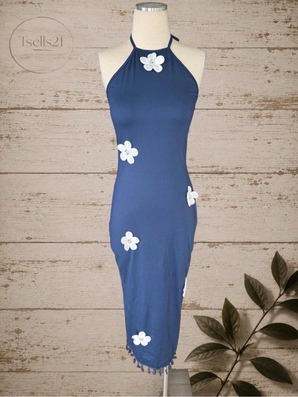SHEIN Navy Halter Midi/Maxi Dress with 3D Flower Appliques - Size S